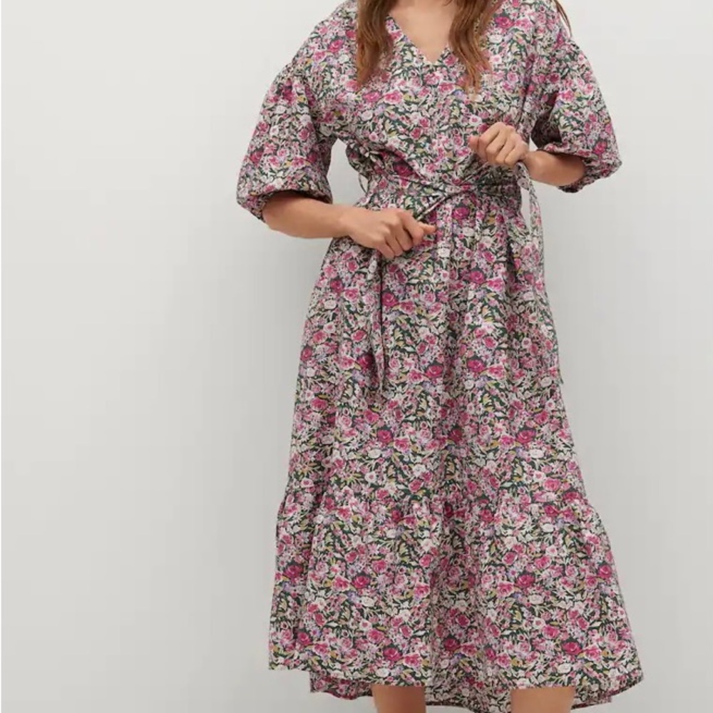 Mango floral midi dress with puff sleeves and tie belt